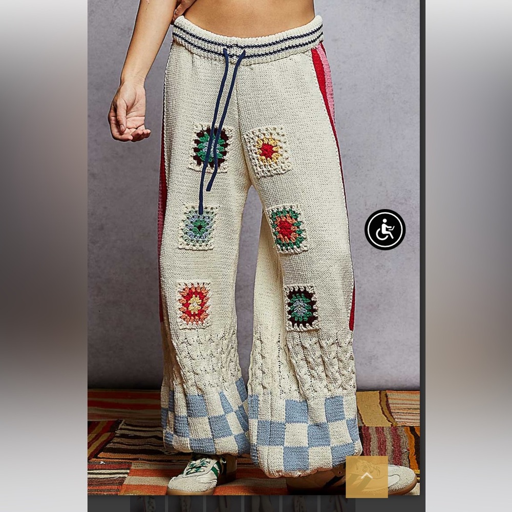 POL Cream Knit Track Pants with Multicolor Crochet Patches & Pink Side Panels